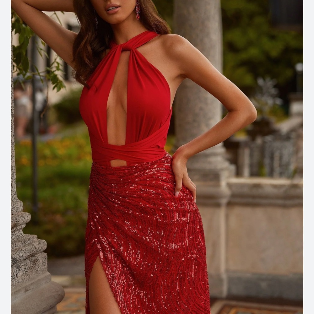 Alamour Red Sequin Plunge Neck Dress